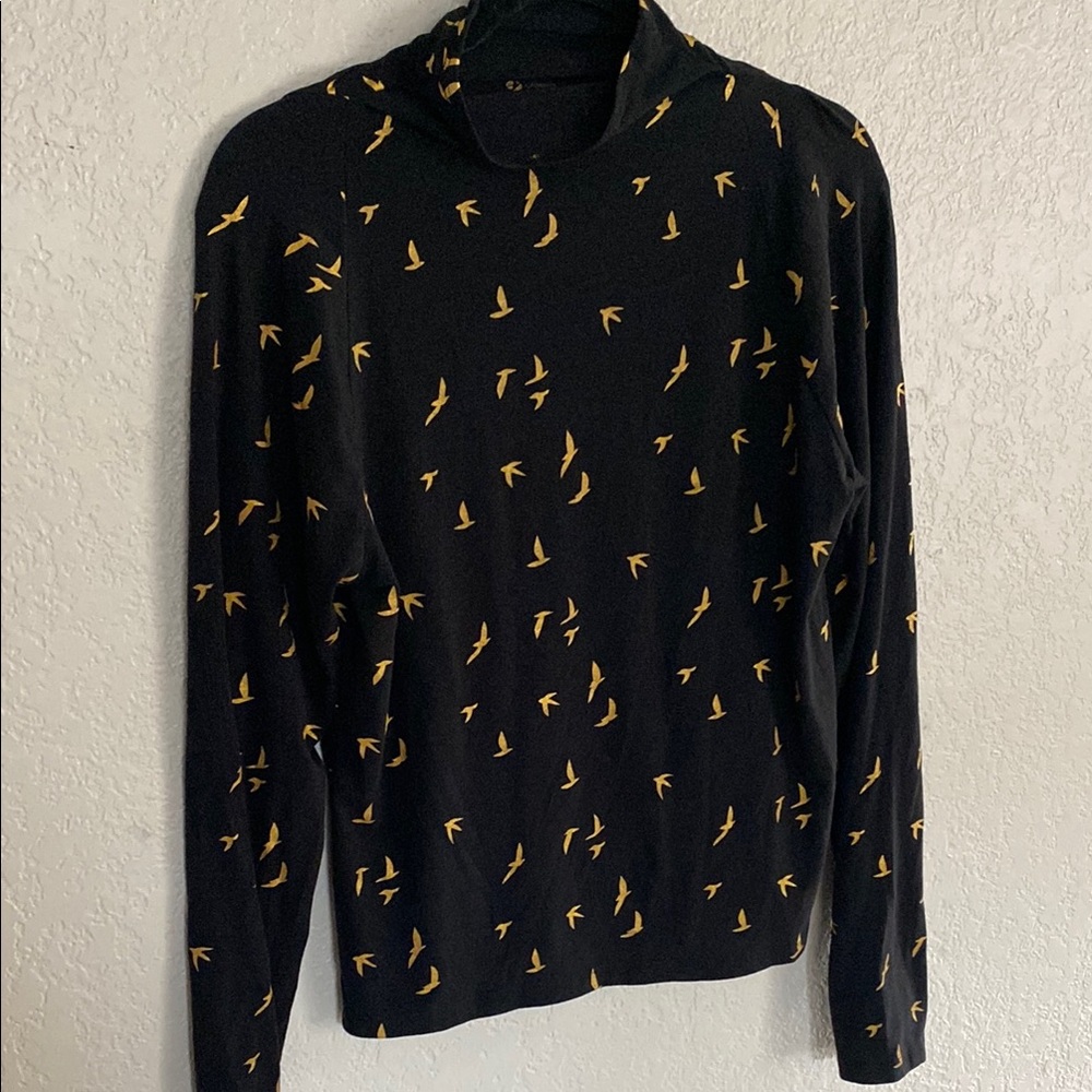 Black Long Sleeve Top with Yellow Bird Print